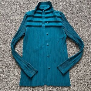Pleats Please Issey Miyake Japan Ruffle Pleated Blue Green Blouse Top Sz 3